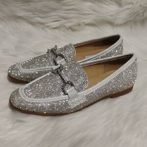 NWOT Steve Madden Rhinestone Covered Glittering Silver Loafers Sz.6.5 #95 CRATE